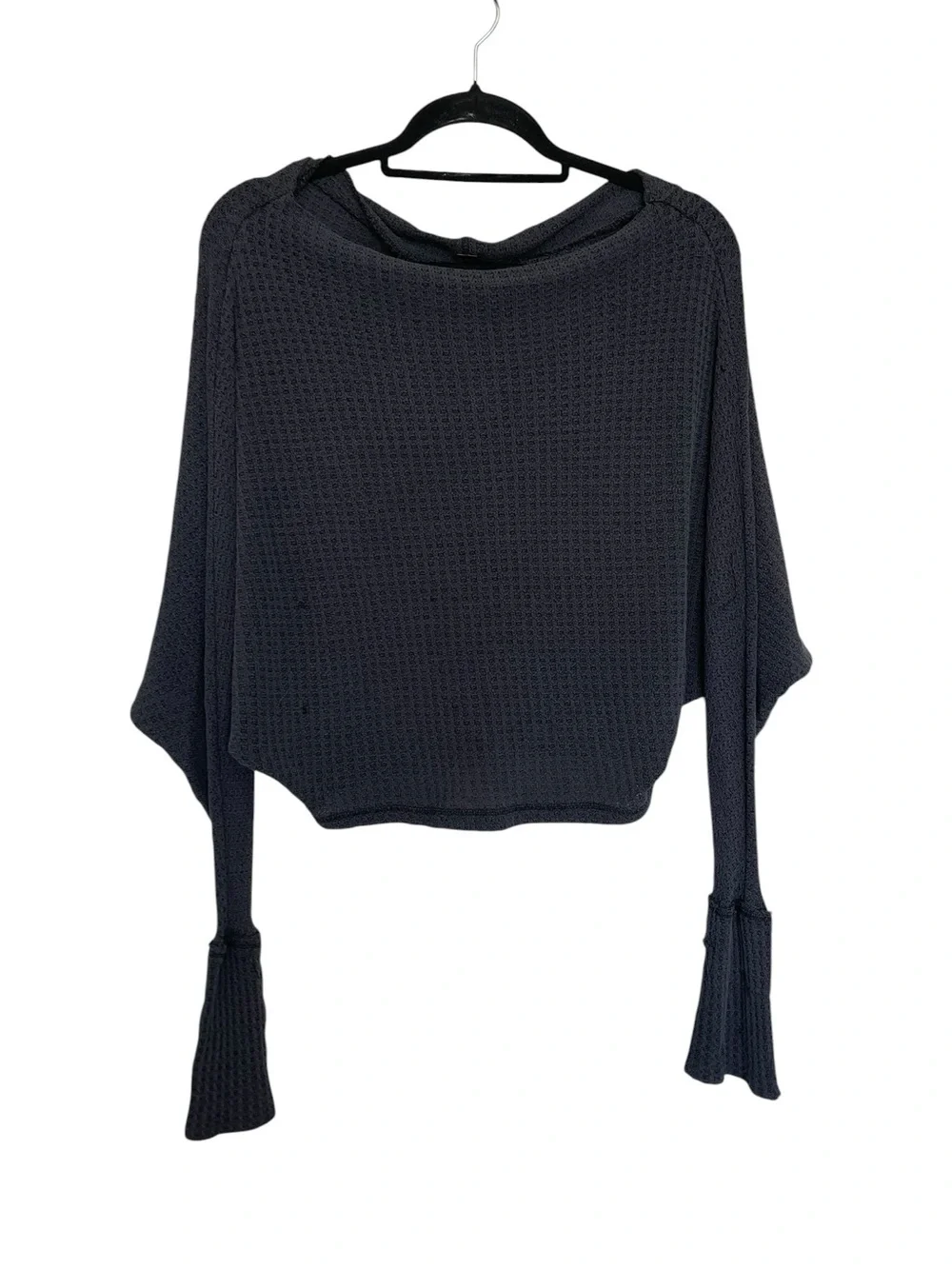 Free People Black Waffle-Knit Scoop Neck Sweater